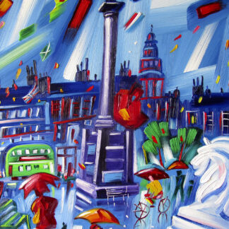 A vibrant, expressionistic painting depicting a cityscape with bold brushstrokes, iconic landmarks, a double-decker bus, and a flurry of dynamic colors. By Raymond Murray